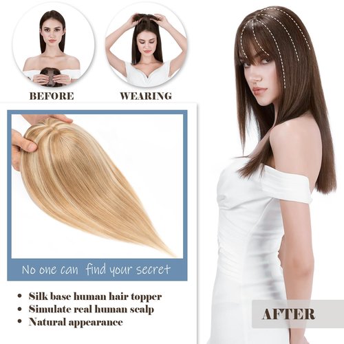 Hairro Human Hair Toppers With Bangs Clip In Remy Topper Hairpiece For Women Clip On Toupee Wispy Middle Part Hair Loss Thinning Hair 12 Inch 38g #12P613 Golden Brown Mix Bleach Blonde