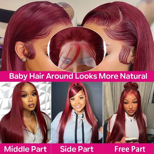 Dosacia 99j Burgundy 13x6 HD Lace Front Wigs Human Hair 22inch Straight Human Hair Wigs HD Lace Frontal Wigs for Black Women 250% Density Glueless Wigs Human Hair Pre Plucked Pre Cut With Baby Hair