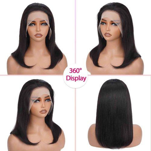 MUXFILLA 14 Inch Bob Wig Human Hair 13x4 HD Lace Front Wigs Pre Plucked Long Straight Hair Replacement Lace Frontal for Black Women 200% Density Glueless with Elastic Band, Nature Black
