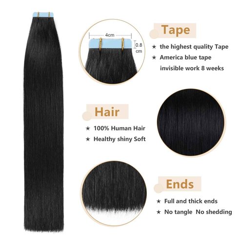 YILITE Jet Black 28inch Tape in Hair Extensions Human Hair #1 20pcs 60g/pack Straight Tape in Hair Extensions Remy Human Hair Seamless Skin Weft Jet Black Tape ins(28Inch Jet Black #1)