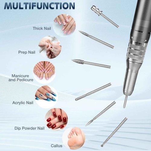 Professional Nail Drill Machine, HoMove 35000RPM Portable Nail Drills, Rechargeable Efile Nails Drill, Low Heat Electric Nail File for Acrylic Gel Nails（Grey）