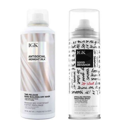 IGK Hair Treatment Full Size Set | Antisocial Dry Hair Mask + Good Behavior Spirulina Spray | Overnight Bond-Building + Keratin Like Smoothing Spray | Set of 2 - New and Improved Scent
