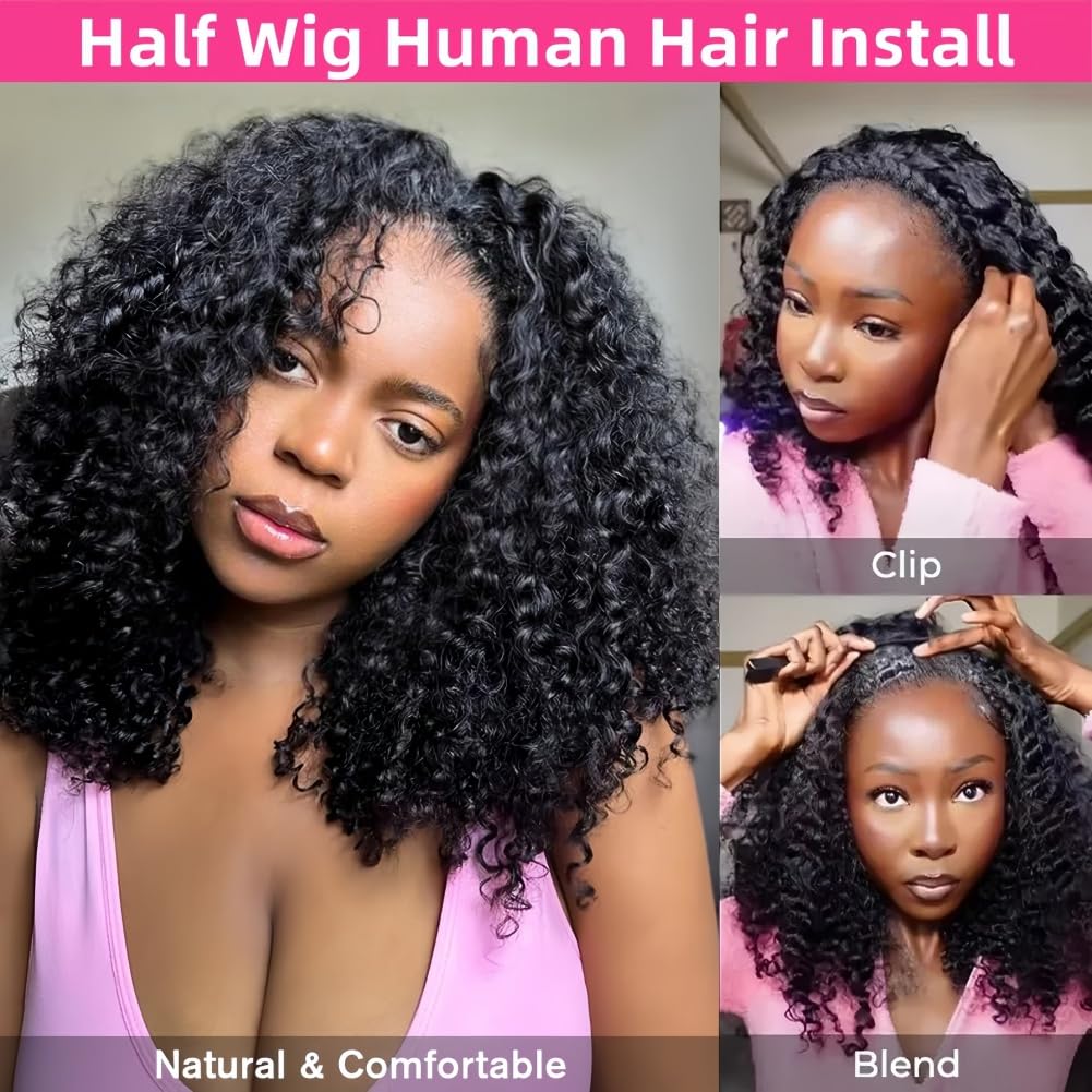 Jilnor Half Wig 200 Density Kinky Curly Half Wig Human Hair Glueless Wear Go Curly Wig Beginner Friendly Seamless Flip Over Wig with Drawstring 3 In 1 Headband Wig for Women 16 Inch
