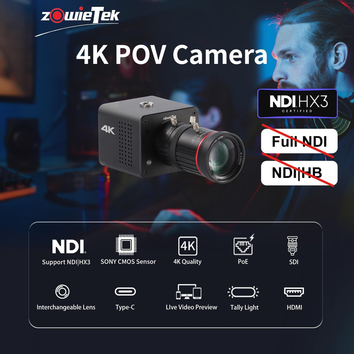 zowietek 4K Native NDI|HX3 POV Box Camera PoE, Simultaneously HDMI & SDI Output, RTSP/RTMP(s)/SRT, Standalone Live Streaming to YouTube/Facebook/Twitch for Webcast, Meeting, Teaching & Gaming (CS)