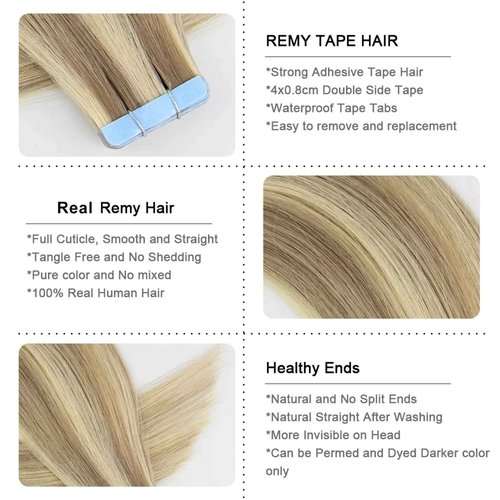VADES Invisible Tape In Hair Extensions Remy Human Hair Highlights Double Sided Tape In Hair Extensions Human Hair 12 Inch 40 Pieces 80 Grams Straight Seamless Skin Weft Extensions