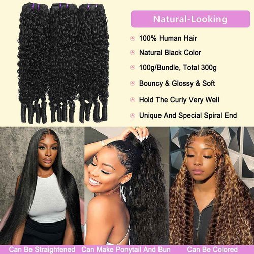 Seekomi Water Curly Bundles Human Hair with Spiral Ends 14 16 18 Inch 100% Virgin Burmese Curly 3 Bundles Human Hair Double Weft Quick Weave for Women, Natural Black Color, 300g