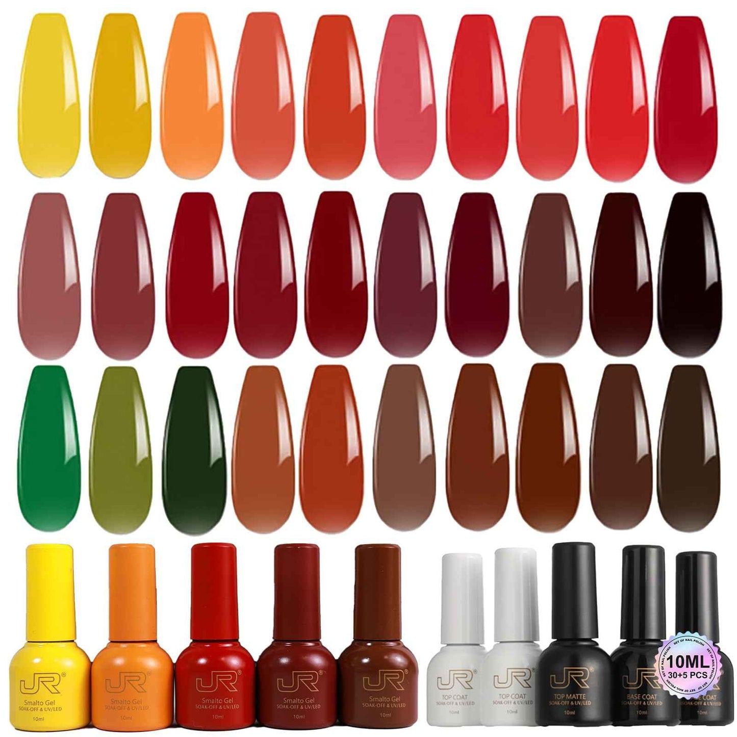 JR 35pcs 10ml Gel Nail Polish Dark series Yellow Green Black Red Nude Brown Gel Polish Set Base Top Matte Coat For Professional Nail Salon Gifts for Women C Set