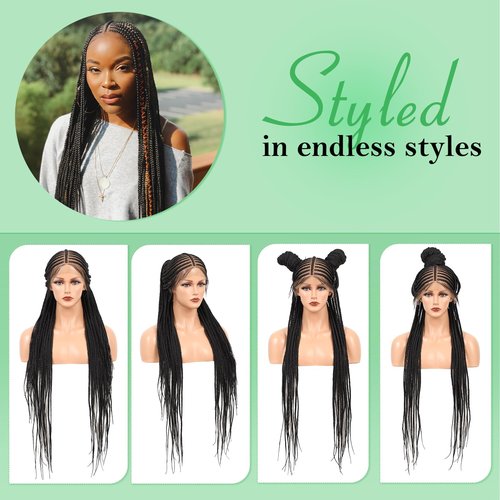 Youthfee 13x8 HD Lace Front Cornrow Braided Wigs for Women Braided Wig with Baby Hair Black Middle Parted Box Braid Wig Premium Synthetic 36 Inch