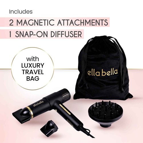 ELLA BELLA® Ionic Salon Hair Dryer with Diffuser • Negative Ion Blow Dryer • for All Hair Types • Intelligent Heat & Speed Control • Lightweight & Low-Noise Design • Rapid Drying & Precision Styling