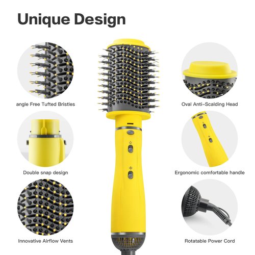 Hair Dryer Brush, Volumizing Styling, WeChip 4 in 1 Detachable Negative Ion Hair Dryer, Blow Dryer Brush for Straightening/Drying/Curling, with Carrying Case (Yellow)