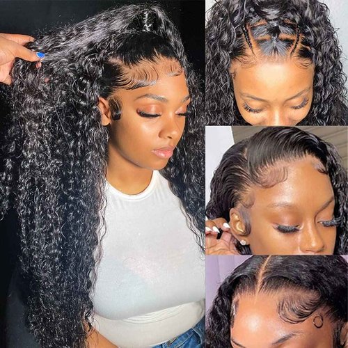 Jewhaut 28 Inch Lace Front Human Hair Wig, Deep Wave, 180% Density, Glueless, Natural, Curly, Black, Medium Cap Size, Full Coverage, Clips/Combs Attachment