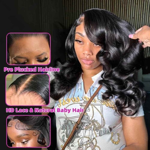 Urbansister 13x6 HD Lace Front Bob Wig Body Wave Human Hair Pre Plucked with Baby Hair Hd Transparent 16 Inch Short Bob Wig 200 Density Natural Black