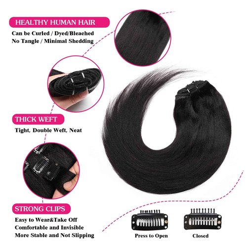 Yaki Straight Clip in 20inch Hair Extensions, 120G Full Head Real Human Hair Clip for Women Seamless Yaki Clip ins Hair Extensions for Thin Hair Natural Black 8Pcs Hair Pieces with Secure Clips