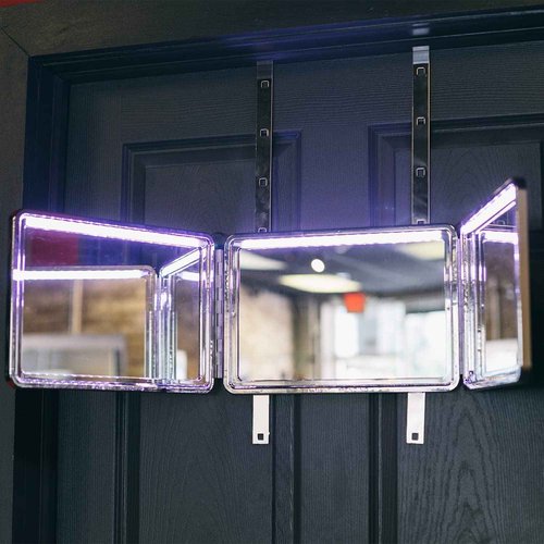 Self-Cut System LED 3 Way Mirror for Self Hair Cutting, Trifold Barber Mirror with Height Adjustable Hooks, 360 View, Includes Free Educational Mobile App (Heaven Lights)