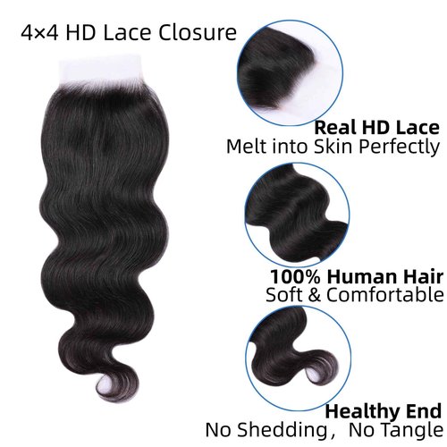 Savasana 4x4 HD Lace Closure Human Hair Body Wave Pre Plucked with Baby Hair 4x4 Closure for Black Women Skin Like Brazilian Virgin Natural Black 14 Inch