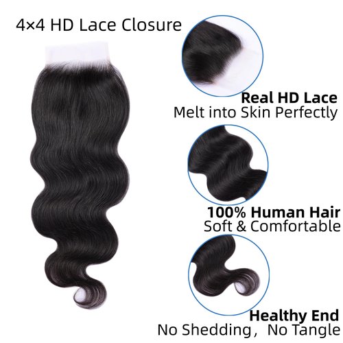 Savasana 4x4 HD Lace Closure Human Hair Body Wave Pre Plucked with Baby Hair 4x4 Closure for Black Women Skin Like Brazilian Virgin Natural Black 20 Inch