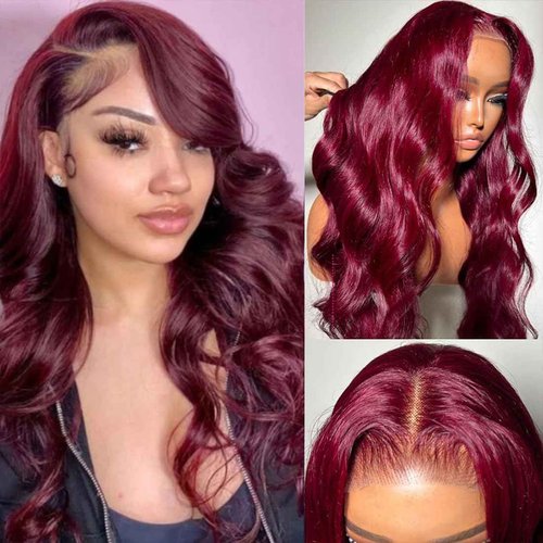 99J Burgundy 5X5 Lace Closure Wigs Human Hair Glueless Wigs HD Transparent 180 Density Wine Red Pre Plucked Pre Cut Body Wear for Beginners 22 Inch