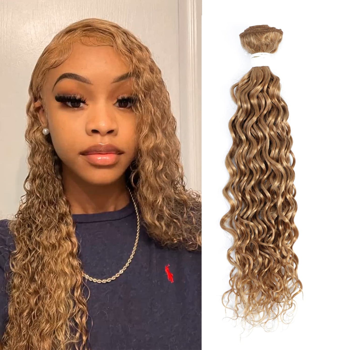 Honey Blonde Water Wave Bundles (24inch,1PC) Brazilian Curly Human Hair Bundles 9A 100% Remy Human Hair Weave Extensions