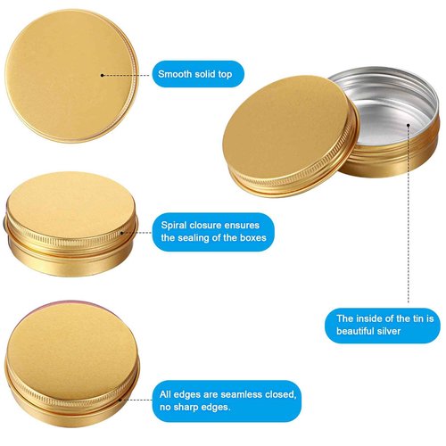 Patelai 2 oz 120 pcs Metal Round Tins Aluminum Tin Cans Salve Tins Containers with Screw Lid 20 Sheets Stickers for Salve Spice Candies Balms Candles(Gold)