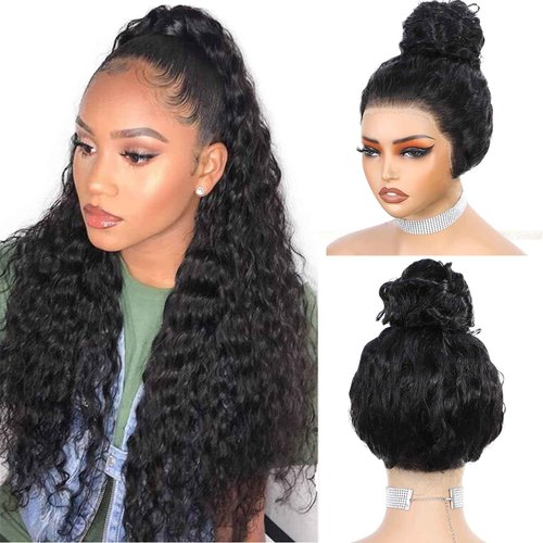 eool Hidden Strap 360 Drawstring Full Lace Front Wigs Human Hair Pre Plucked 200 Density Deep Wave 360 Invisible Drawstring Glueless Wet And Wavy HD Lace Front Wig Human Hair For Black Women 16 Inch