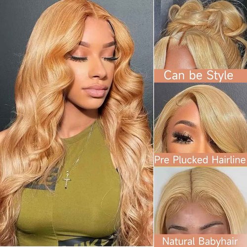 Fugool Honey Blonde Wig Human Hair 13x6 Body Wave Hd Lace Front Wigs Human Hair Pre Plucked 27# Colored Blonde Lace Frontal Wig 180% Density Real Hair Wavy Human Lace Front Wigs For Black Women 30Inch