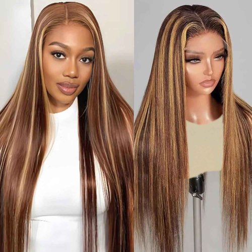 IWISH Ombre Lace Front Wig Human Hair 20 Inches 200% Density 13x6 Straight Highlight Lace Frontal Human Hair Wigs P4/27 Colored Wigs for Women