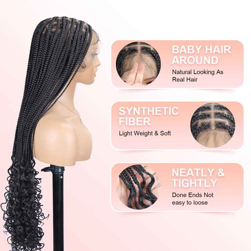QUISDUIS Box Braided Wigs curly ends 32 inch 13X8 Lace Braid Wigs for Black Women Square Knotless Box Braid Wig with Baby Hair Handmade Synthetic Hair Blended Lace Front Wig Natural Black