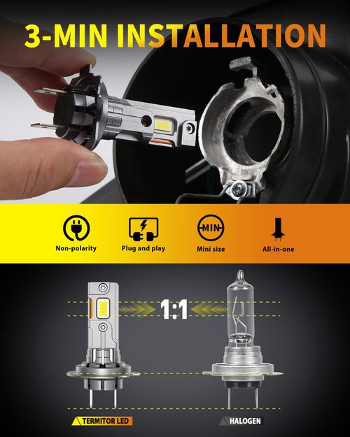 Termitor H7 Light Bulbs, 30000LM 800% Super Bright, 6500K Cool White, Real 1:1 Halogen Mini Size H7 H7LL Fog Light bulb, Plug and Play, Pack of 2
