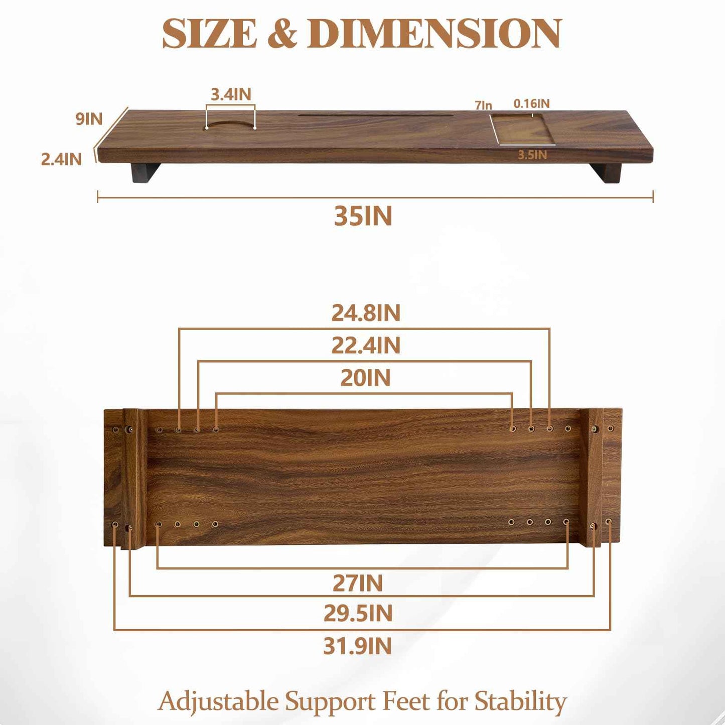 Graceware Solid Walnut Bathtub Tray, 35"x9"x2.5", Adjustable Feet, Anti-Tipping, Luxury Bathroom Accessory