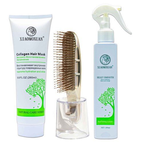 Xiaomoxuan Exfoliating Scalp Brush with Travel Size Leave In Conditioner Spray and Natural Collagen Hair Mask with Tea Tree Oil for Hair Repair Treatment Bundle