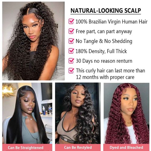 Dianthe 13x6 Deep Wave Lace Front Wigs Human Hair 20 Inch Deep Curly Human Hair Wig- Pre Plucked, 180% Density, Glueless, Natural color