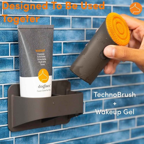 Dogface Essentials Kit Plus Technobrush & Wakeup Gel Cleanser Men’s Red Light Electric Facial Brush with Silicone Bristles to Exfoliate, Cleanse, Hydrate & Tone Skin Daily – Free Shower Caddy 5.3oz