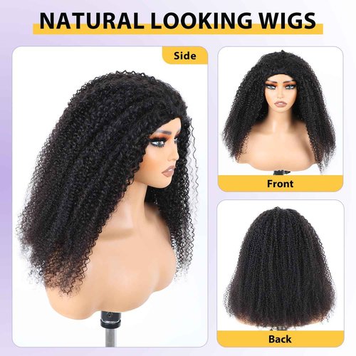 V SHOW Afro Curly 3 In 1 Half Wig Human Hair Elastic Drawstring Wear Go Glueless Kinky Curly Human Hair Half Wigs Friendly To Beginners 180% Density Natural Hairline Flip Over Wig 16Inch