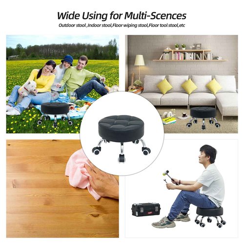 McDooFly Low Height Rolling Stool with Wheels - Heavy Duty 360° Swivel Low Stool Chair with Thickened Cushion Round Roller Seat Stools for Garage Shop Kitchen Home Office Salon Pedicure (Black)