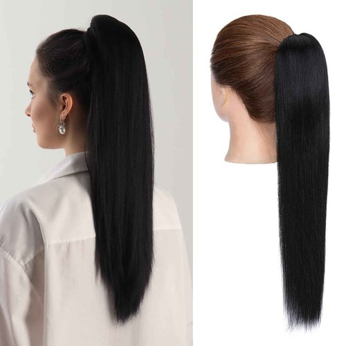 Charites Ponytail Extension, 18 Inch Claw Clip Ponytail Extension Human Hair Long Straight Jaw Clip in Real Hair Pony Tails Hairpieces for Women Jet Black