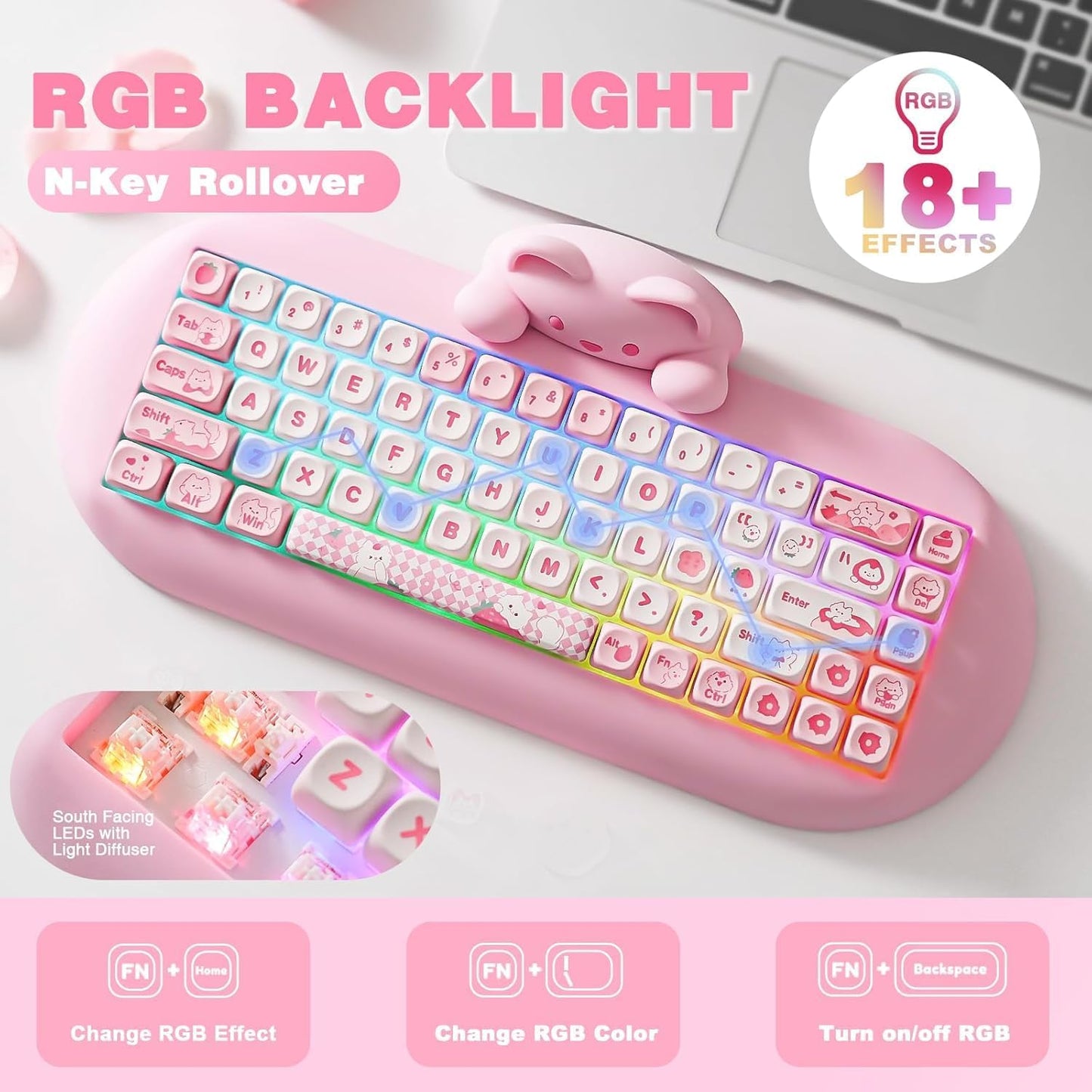 YUNZII C68 Panda Wireless Mechanical Gaming Keyboard, 68 Keys Cute Layout with PBT Keycaps,RGB Backlit, Hot Swappable,Creamy Switches,BT5.0/2.4G/Wired for Win/Mac(Black,Panda Switch)