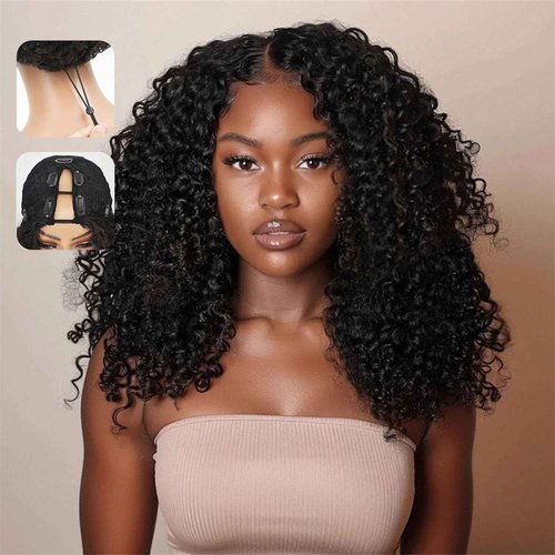 sterly V Part Wig Human Hair Glueless No Leave Out Upgrade U Part Wigs Burmese Curly Wig with Spiral End Deep Curly Wigs For Women Full Head Clip In Half Wigs 200% Density 18inch