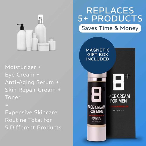8+ Face Cream for Men | Advanced Hydrating Formula with 8 Active Ingredients | Smooths Fine Lines | Firms and Brightens Skin | Under Eye Care for Dark Circles | Fast Absorbing | Made in USA | 1.7oz