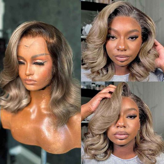 1b/Ash Blonde Lace Front Wig Human Hair Pre Plucked Hairline 180% Density Short Bob Human Hair Wigs For Women 13x4 Lace Front Wig Colored 1b Grey Human Hair Wigs (12inches)