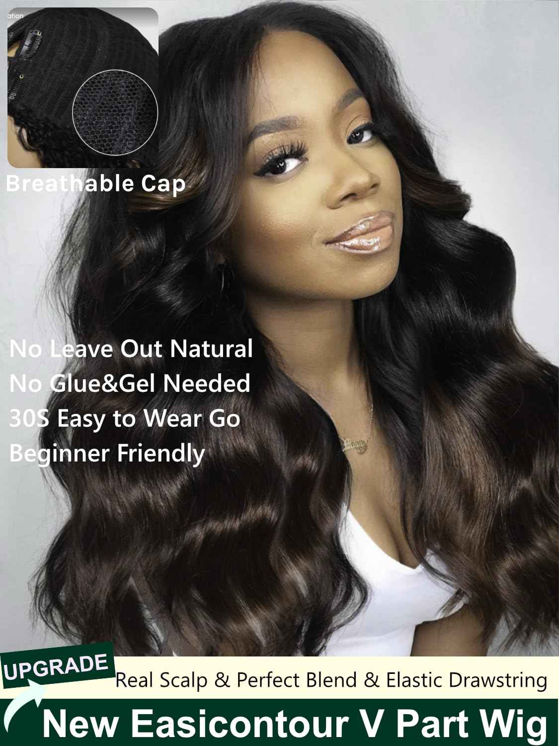 KLAIYI Ombre Brown V Part Wig Body Wave Human Hair Upgrade U Part Wig with Dark Roots Glueless Chestnut Brown Clip in Half Wig No Glue No Leave Out Beginner Wigs for Women Wear and Go Wig 150% 16Inch