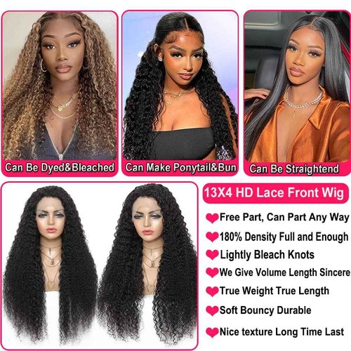 JIETAI 13X4 HD Curly Lace Front Wigs Human Hair Pre Plucked with Baby Hair 180% Density Brazilian Deep Curly Wave 10A Glueless Lace frontal Wigs Natural Color (30 Inch)