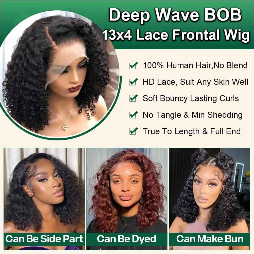 12 Inch Bob Wig Human Hair 220% Density 13x4 Deep Wave Lace Front Wigs Human Hair Curly Wigs for Black Women Short Bob Wigs Wet and Wavy Lace Frontal Wig