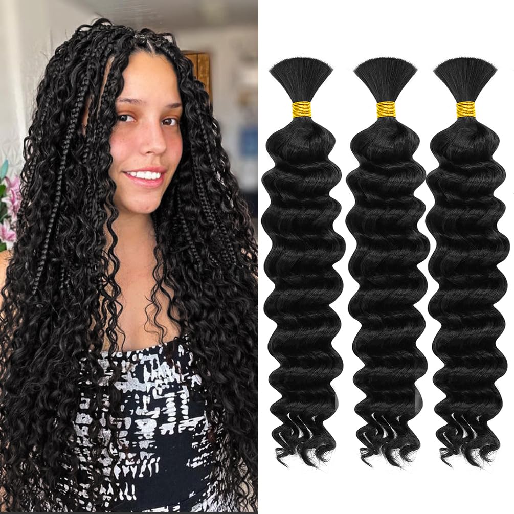 Human Braiding Hair for Boho Knotless Braids 3 Bundles 18 Inches 150g Deep Wave 10A Brazilian Virgin Human Bohemian Hair for Braiding Natural Black 1B