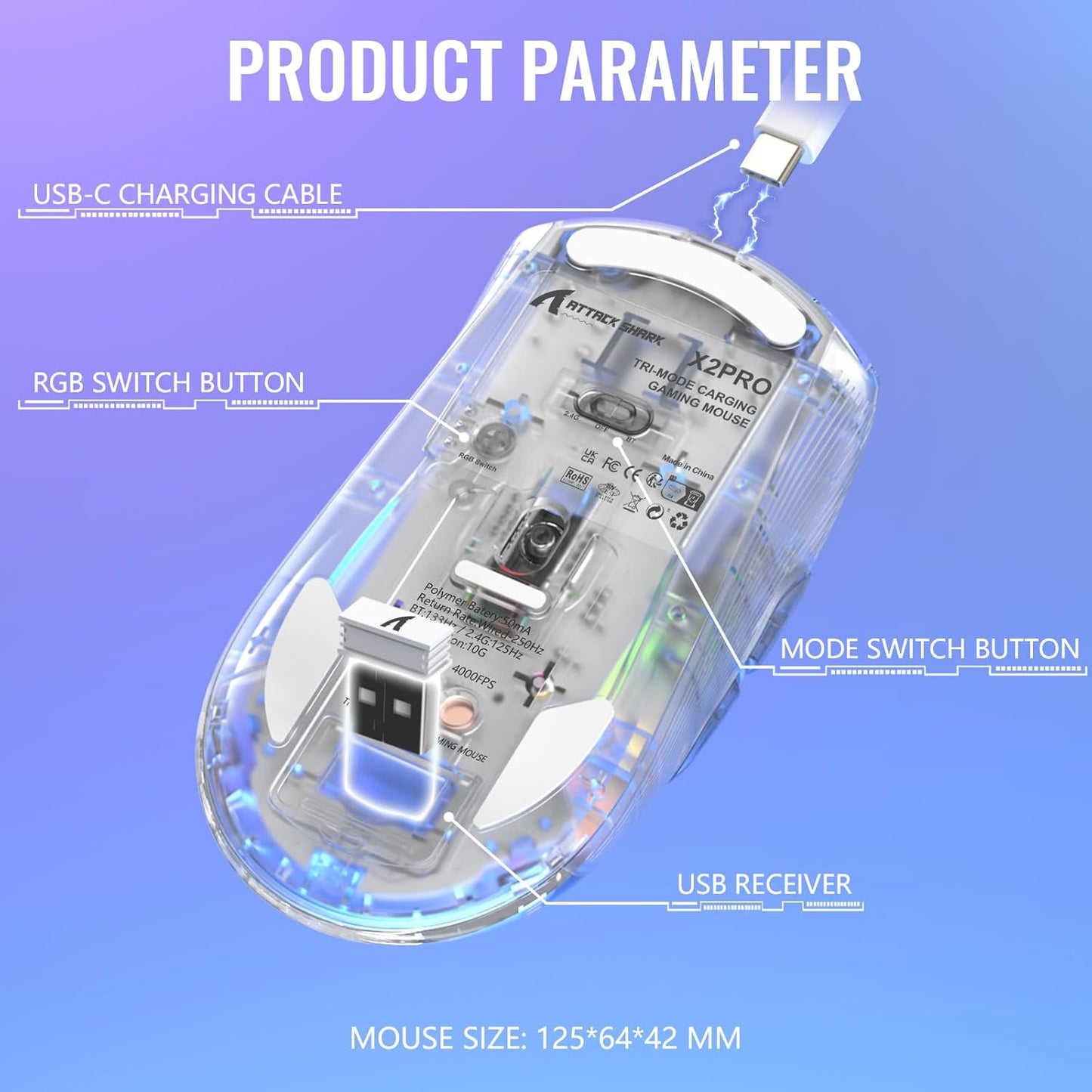 A.JAZZ Wireless Gaming Mouse with Full Transparent,Tri-Mode 2.4GHz/Bluetooth/Wired Mouse,Digital Display,Charging Base,3D RGB Backlit,Silent Mice with 7 Buttons,Wireless Mice for Laptop,PC,Mac(White)