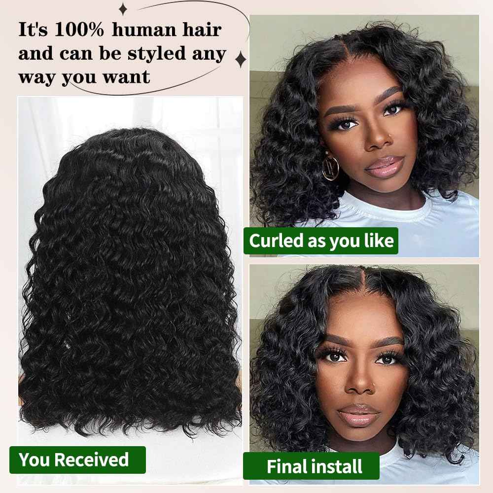 12 Inch Bob Wig Human Hair 220% Density 13x4 Deep Wave Lace Front Wigs Human Hair Curly Wigs for Black Women Short Bob Wigs Wet and Wavy Lace Frontal Wig