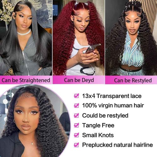 QVFWIG 32 Inch Deep Wave Lace Front Wigs Human Hair 13x4 HD Transparent Deep Curly Lace Frontal Wigs Human Hair Glueless Wig pre Plucked 200% Density Natural Color