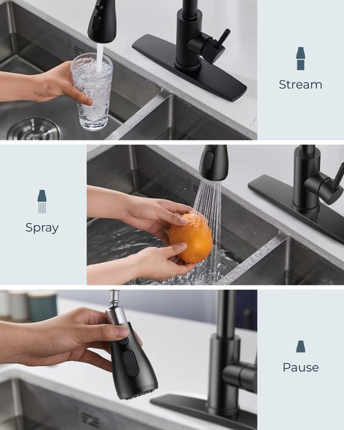 FORIOUS Black Kitchen Faucet with Pull Down Sprayer, High Arc Single Handle Classic Stainless Steel Sink Faucet 1 or 3 Hole, Suitable for Farmhouse Camper Laundry Rv Bar