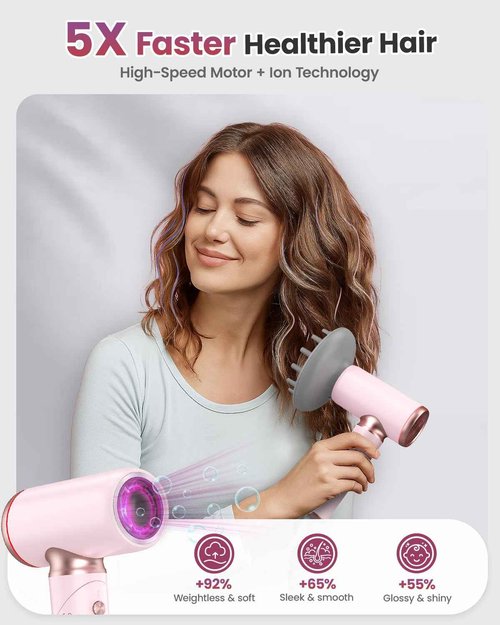 Travel Hair Dryer Dual Voltage for Europe Foldable, High Speed Ionic Blow Dryer Fast Drying,100-240V Portable Dryers with Magnetic Nozzles,1300W, Pink
