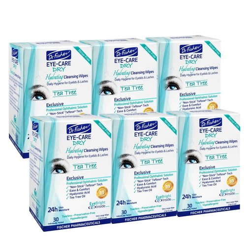 Dr. Fischer Tea Tree Eyelid Wipes - Gentle Eye Wipes for Everyday Eye Cleansing and Hypoallergenic Makeup Remover (6 packs of 30 wipes each).