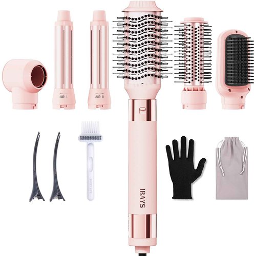 IBAYS Hair Dryer Brush 6 in 1 Professional Hot Air Styler, 110,000 RPM High-Speed Negative Ionic Hair Dryer, Auto Wrap Curler Frizz-Free Airwrap for Curling Volumizing Straightening Styling Pink